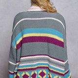 High Collar Half Zipper Ethnic Color Block Pullover Sweater