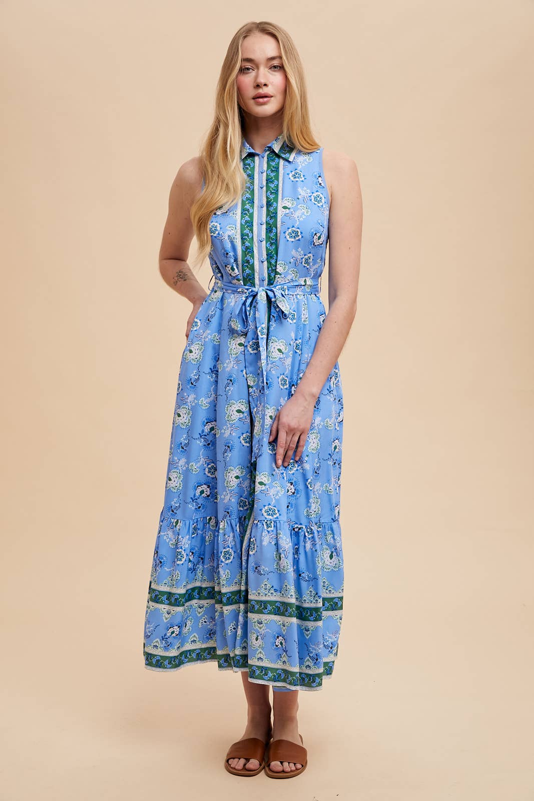 Printed Lapel Button Down Maxi Dress