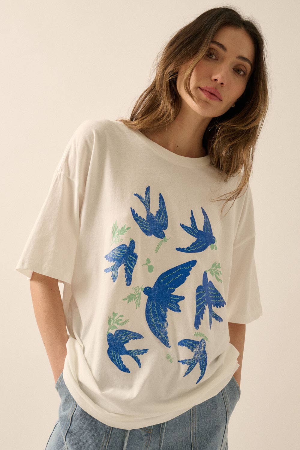 Vintage Blue Birds Oversized Graphic Tee