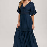 V-Neck Lace Trim Maxi Dress