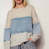 Colorblock Denim Patchwork Knit Sweater