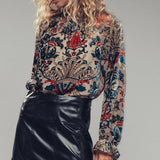 Burnout Velvet Smocked Mock Neck Blouse