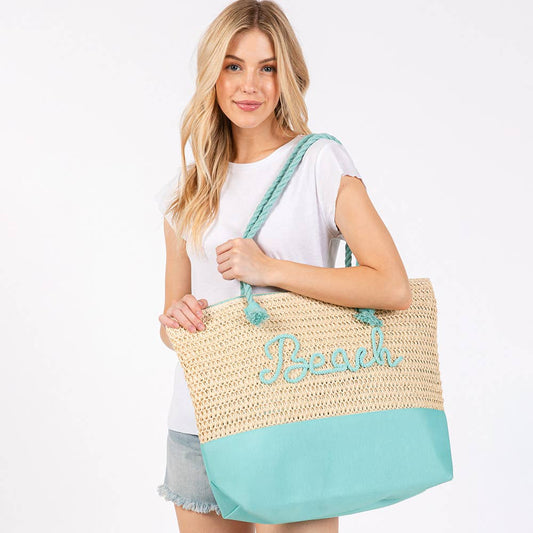 "Beach" Embroidered Crochet Tote Bag