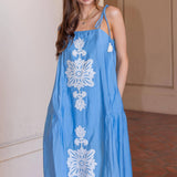 Floral Embroidered Sleeveless Tassel Tie Strap Midi Dress