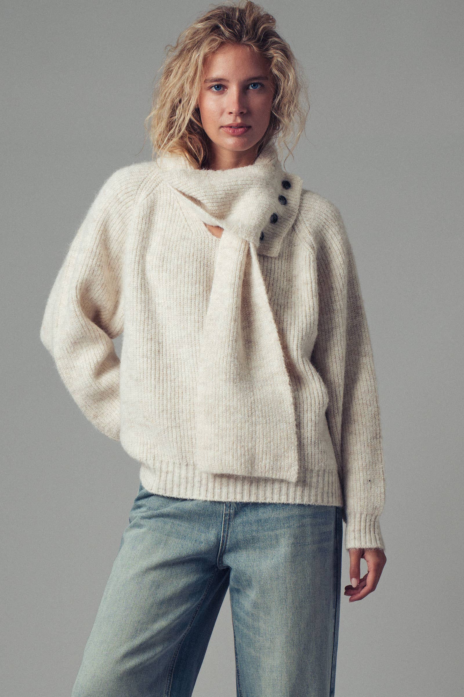 Detachable Scarf Ribbed Knit Sweater Top