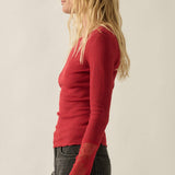 Solid Ribbed Knit Long-Sleeve Lace-Cuff Fitted Top