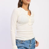 TEXTURED RAW EDGE HENLEY TOP