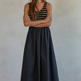 Knit Striped Ribbed Bodice Flare Dress