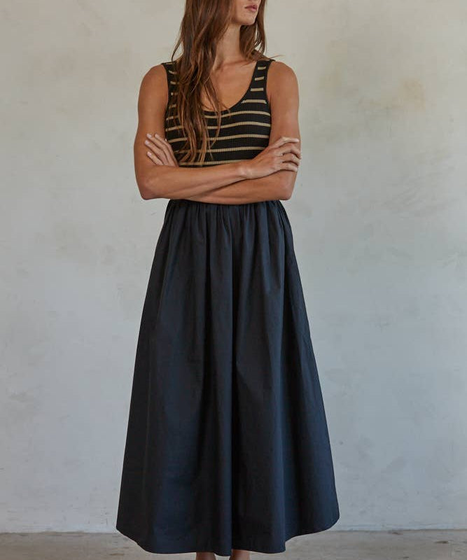 Knit Striped Ribbed Bodice Flare Dress