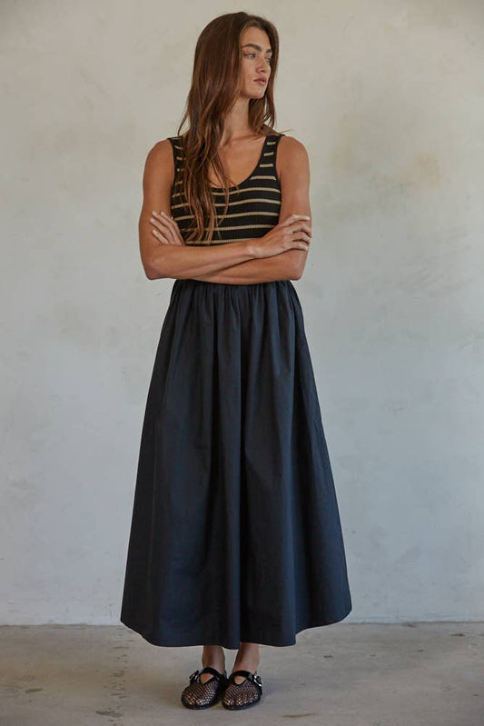 Knit Striped Ribbed Bodice Flare Dress