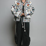 Embroidered Band Collar Knotted Button Woven Jacket