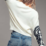 Embroidered Sleeve Ivory Knit Sweater