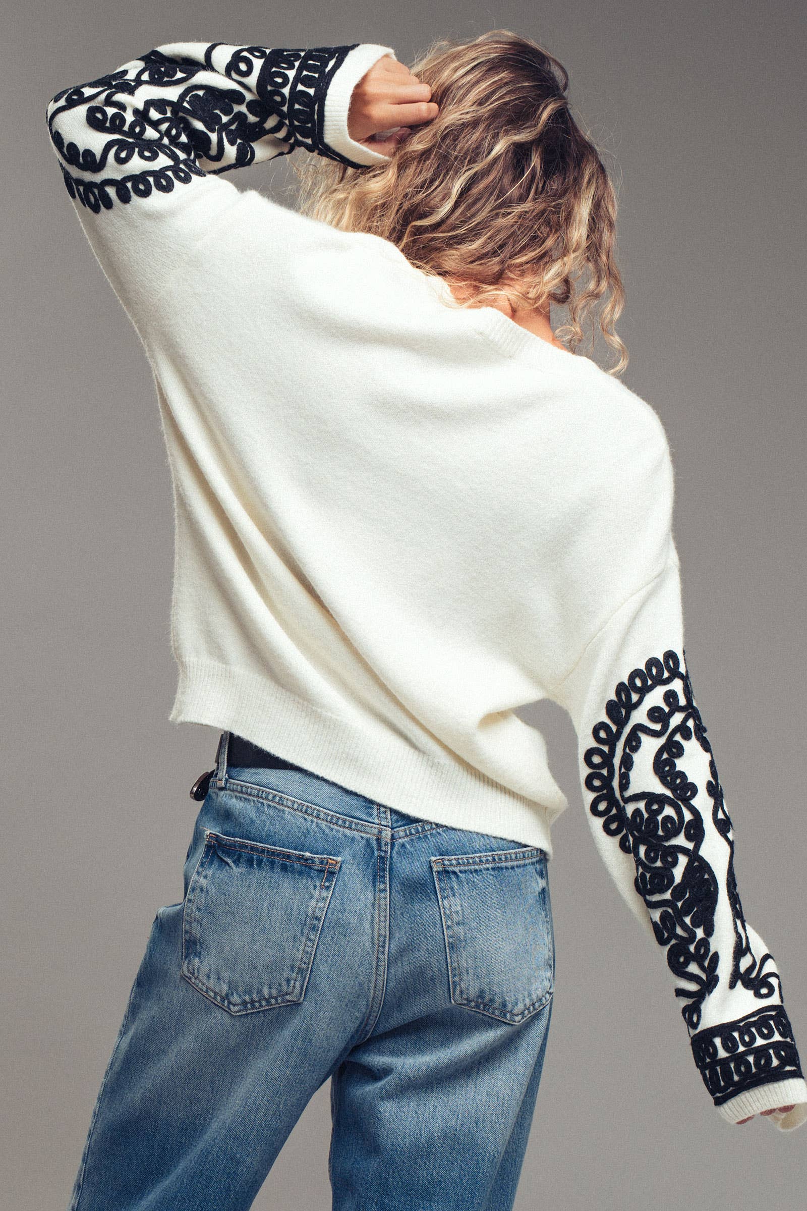 Embroidered Sleeve Ivory Knit Sweater