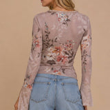 Multi Print Long Sleeve Mesh Henley Top