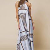 Geo Print Front Tie Keyhole Halter Maxi Dress
