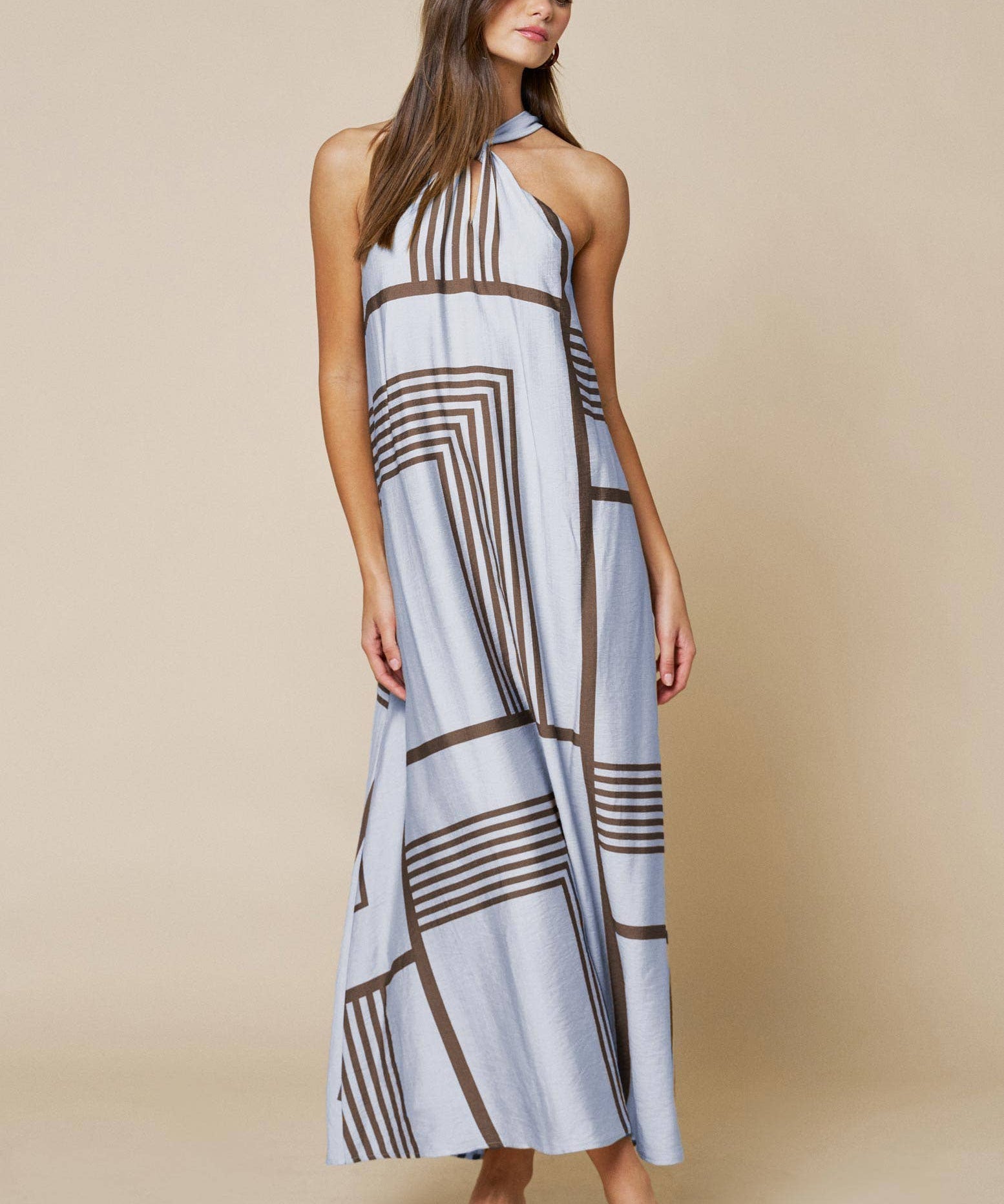 Geo Print Front Tie Keyhole Halter Maxi Dress