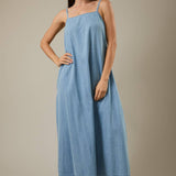 SLEEVELESS A-LINE LIGHT WEIGHT DENIM MAXI DRESS