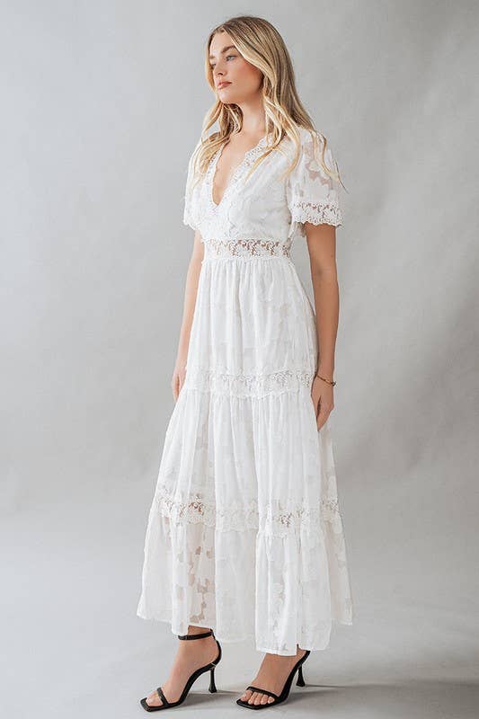 Lace Trim Tiered Deep V-Neck Maxi Dress