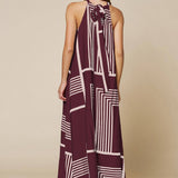 Geo Print Front Tie Keyhole Halter Maxi Dress