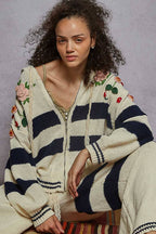 Thick Striped & Floral Zip-Up