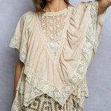 Lace Trim V Ruffle Detail Textured Woven Short Sleeve Top