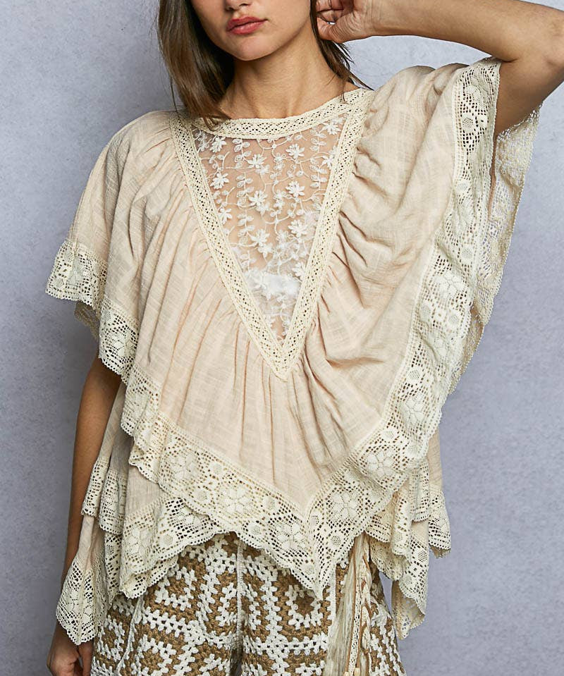 Lace Trim V Ruffle Detail Textured Woven Short Sleeve Top