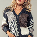 Patchwork Cable Knit V Neck Cardigan