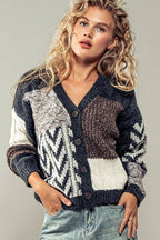 Patchwork Cable Knit V Neck Cardigan
