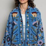 Embroidered Stand Collar & Contrast Trim Velvet Jacket