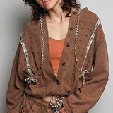 Vintage Washing Solid Laser Cut Thermal Knit Hoodies Top
