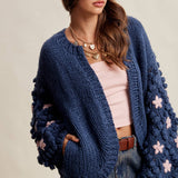 Hand Knit Floral Bobble Sleeve Cardigan LSW1097