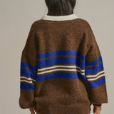 Striped Rugby Polo Sweater With Contrast Collar