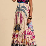 Tropical Print Thin Strap Flare Dress