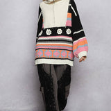 High Collar Half Zipper Ethnic Color Block Pullover Sweater