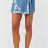 ILP5209 Floral Embroidered Wrap Denim Skort