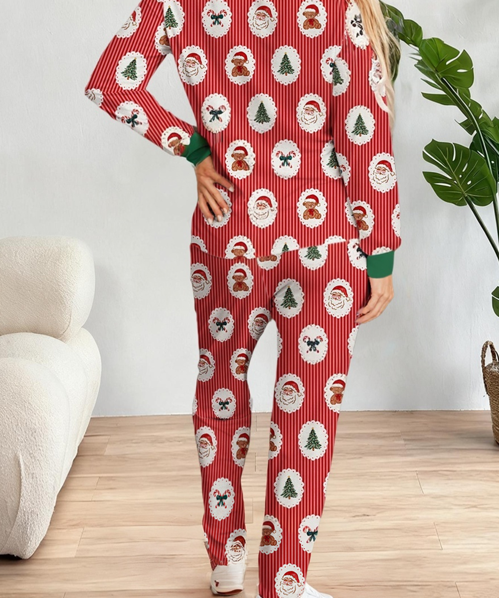 Stripe Christmas Print Henley Pullover and Jogger Pants Set