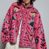 Embroidered Stand Collar & Contrast Trim Velvet Jacket