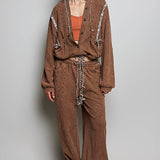 Vintage Washing Solid Laser Cut Thermal Knit Hoodies Top
