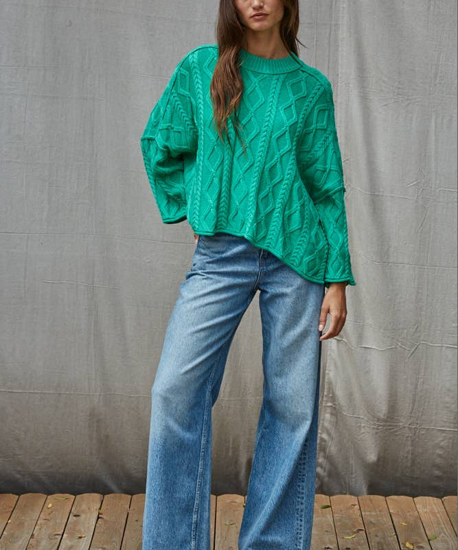 Quarter Sleeve Loose Cable Knit Sweater