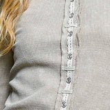Vintage Washing Solid Metal Button Down Thermal Knit Top