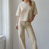 L8688 | Knit Cotton Crew Neck Drop Shoulder Short Sleeve Top