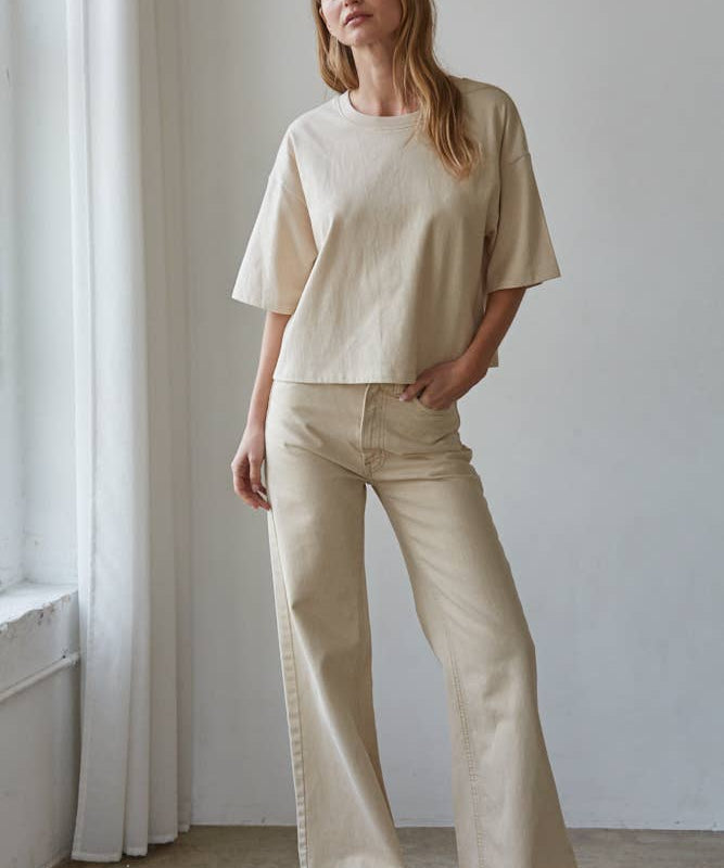 L8688 | Knit Cotton Crew Neck Drop Shoulder Short Sleeve Top