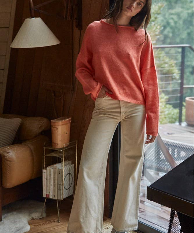W2114 | Knit Sweater Rolled Round Neck Pullover Top
