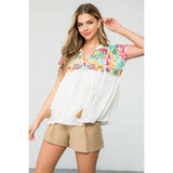 Embroidered Babydoll Tassel Tie Top