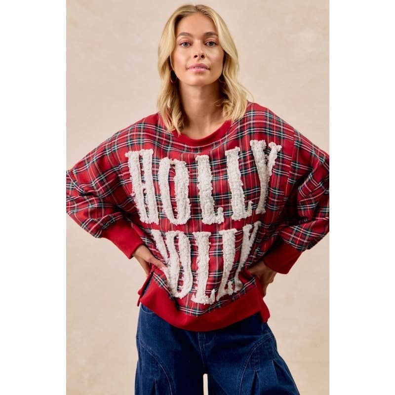 "Holly Jolly" Plaid Oversized Sweatshirt