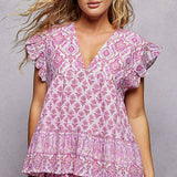 V-Neck Floral Pattern Ruffle Sleeve Top