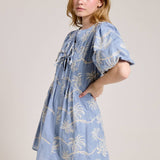 Palm Print Puff Sleeve Tie Front Mini Dress