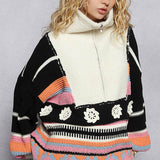 High Collar Half Zipper Ethnic Color Block Pullover Sweater