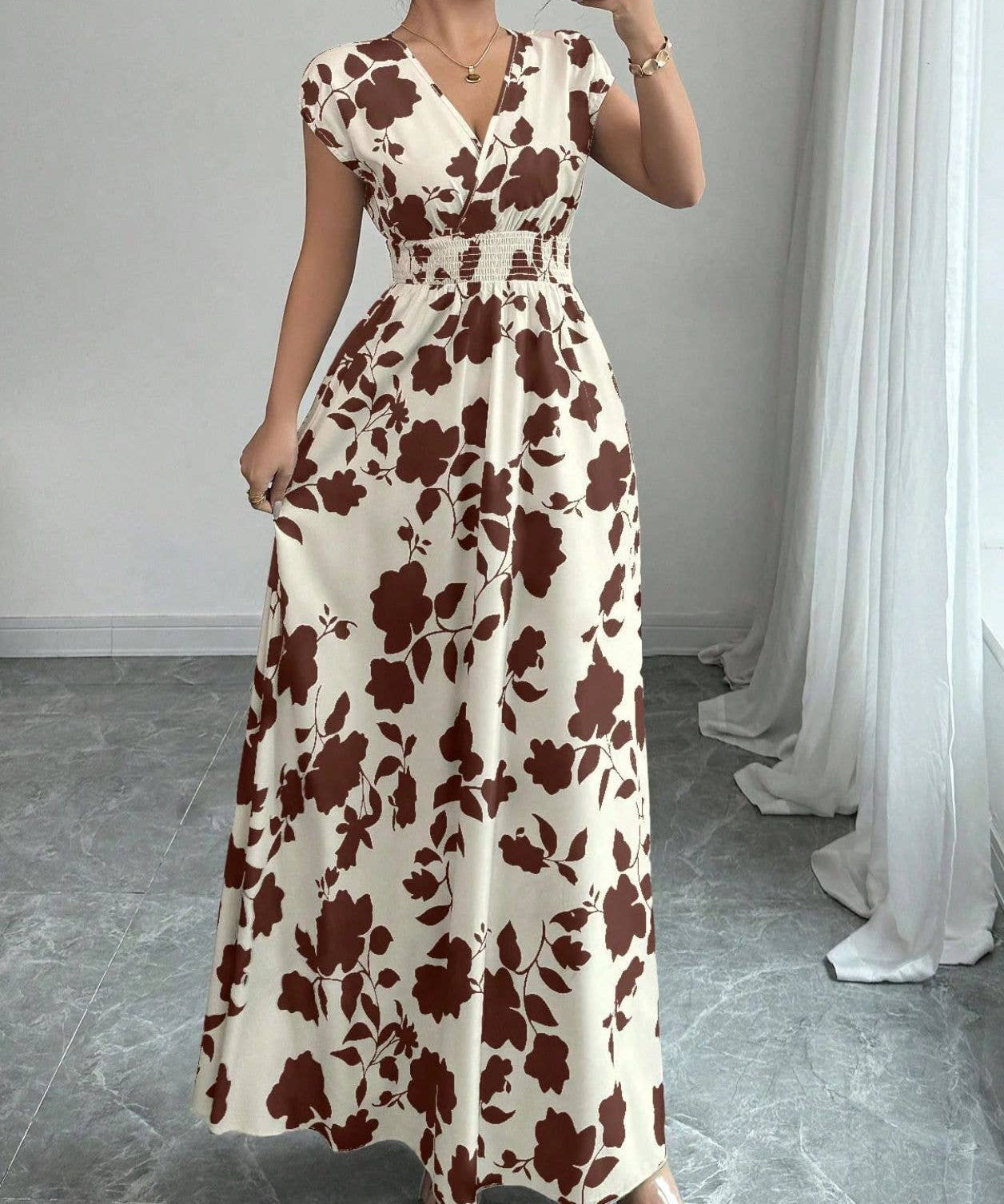 Smocked Waist Cap Sleeve Floral Print Maxi Dress