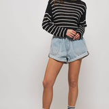 Spring Elastic Waist Cuffed Print Shorts
